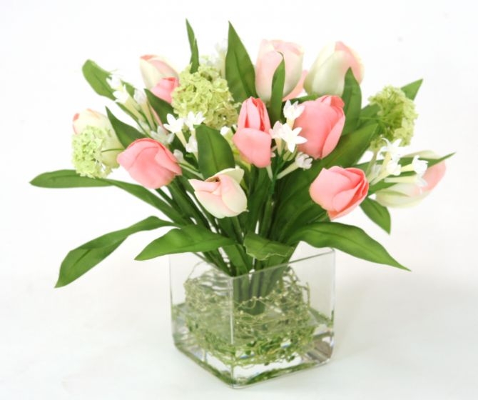 Waterlook (R) Pink Tulip Bundle with Snowballs in Square Glass Vase
