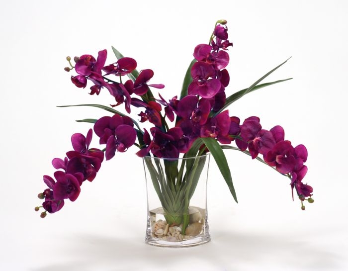 Waterlook (R) Violet Phaleanopsis Orchids With Foliage In Narrow Glass Vase