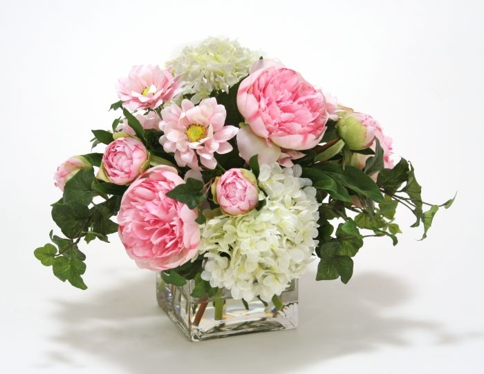 Waterlook (R) White Hydrangea , Pink Peonies and Daisy in Square Glass Vase