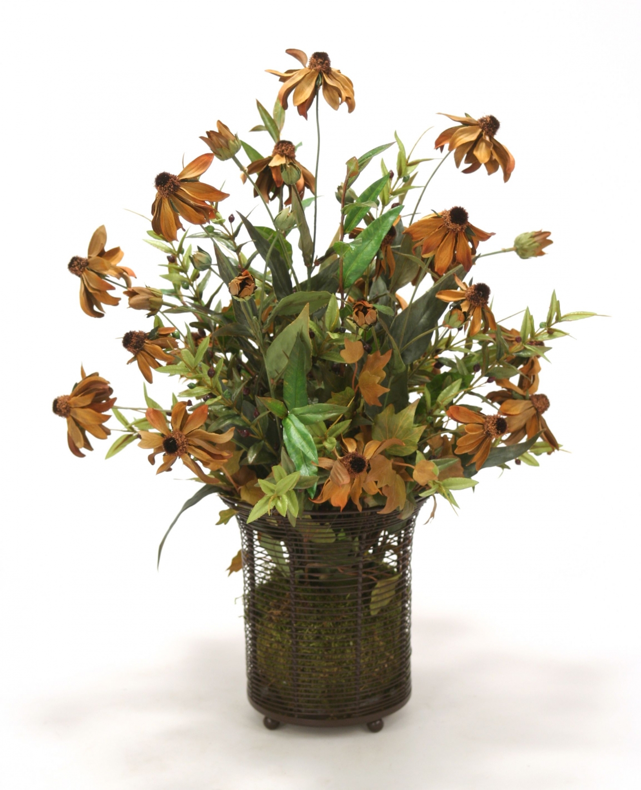 Gold Blackeyed Susan Berries In Wire Basket Container Free Artificial Flowers Plants