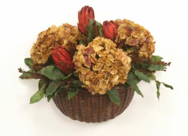 Silk Burgundy Brown Hydrangeas and Foliage Mix in Wicker Wall Basket