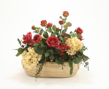 Silk Roses, Hydrangeas and Berries in Tan Oval Lion Head Planter