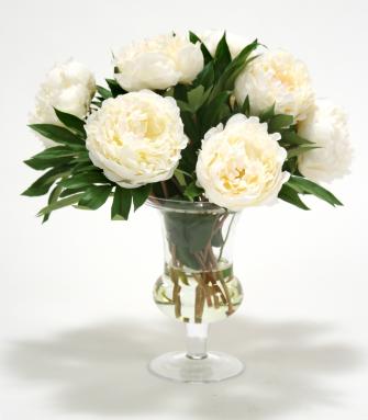 Waterlook ® White Peonies with Bay Leaf in Glass Urn