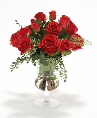 Waterlook ® Red Roses and Fern in Clear Glass Urn