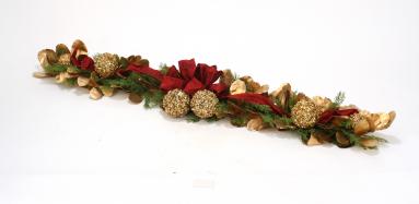 Over The Top - 58' Bronze & Sequined Gold Laurel Leaf & Cedar Garland with Red Ribbon