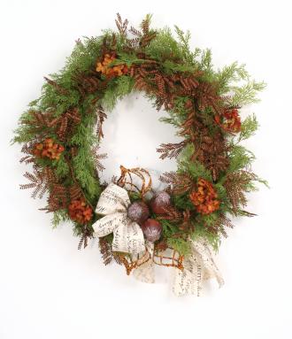 Merry Christmas - Cedar, Mimosa, and Ornament Wreath