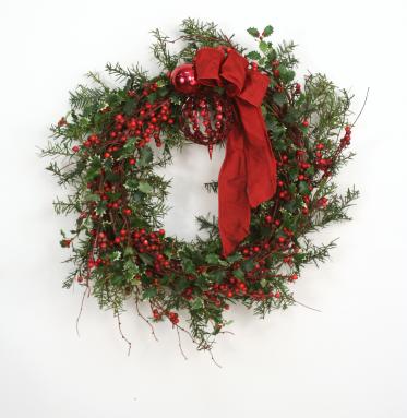Down Home - Holly Berry Wreath with Red Ornaments