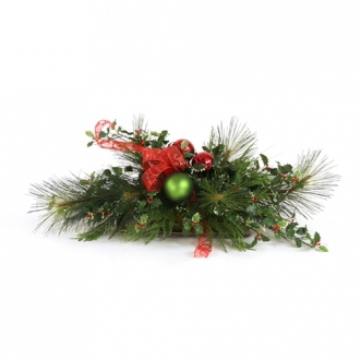 Artificial Red and Green Holiday Centerpiece with Red Bow On a Low Tray