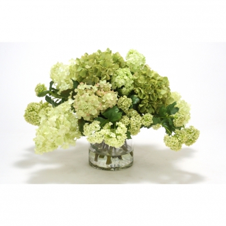 Mixed Green and Cream Hydrangeas and Snowballs in a Glass Cylinder