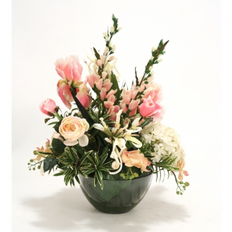 Pink and Ivory Mixed Garden Floral in Round Glass Bowl