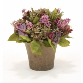 Silk Blue Purple Lilac and Green Purple Hydrangea Mix with Greenery in Bronze Orchid Pot