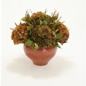 Burgundy Brown & Green Brown Hydrangeas in Copper Ceramic Bowl