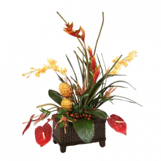 Silk Orchids, Protea, Heliconia, Antherium and Tropical Leaves in a Woven Planter