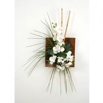 Wall Hanging with Silk Orchids, Bamboo and Grass in a Wood Sushi Tray (RIGHT Facing)