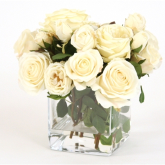 Waterlook ® Silk Ivory Roses in a Glass Square