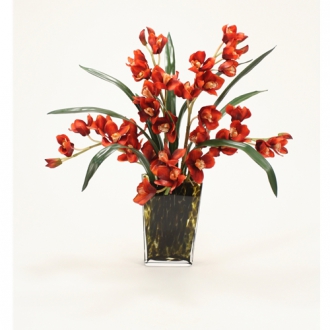 Waterlook ® Silk Rust Cymbidium Orchids with Foliage in a Leopard Spotted Glass Vase