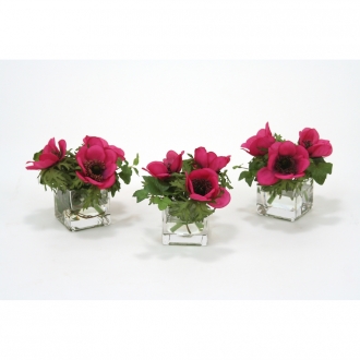 Waterlook (R) Dark Violet Anemones and Ivy in Square Glass Vase (Set of 3)