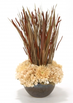 Beige Hydrangeas and Gerbera with Fall Grasses in Crystal Bronze Bowl