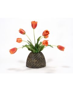 Red-Orange Tulips in a Slim Black Bamboo Envelope Vase