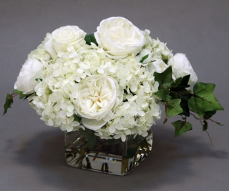 Waterlook (R) Cream White Hydrangeas And Roses In Square Glass