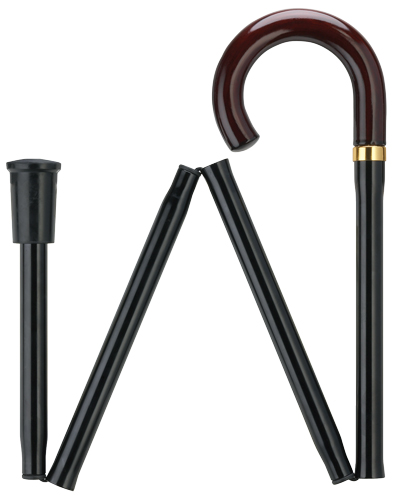 Unisex brown wood crook handle folding cane