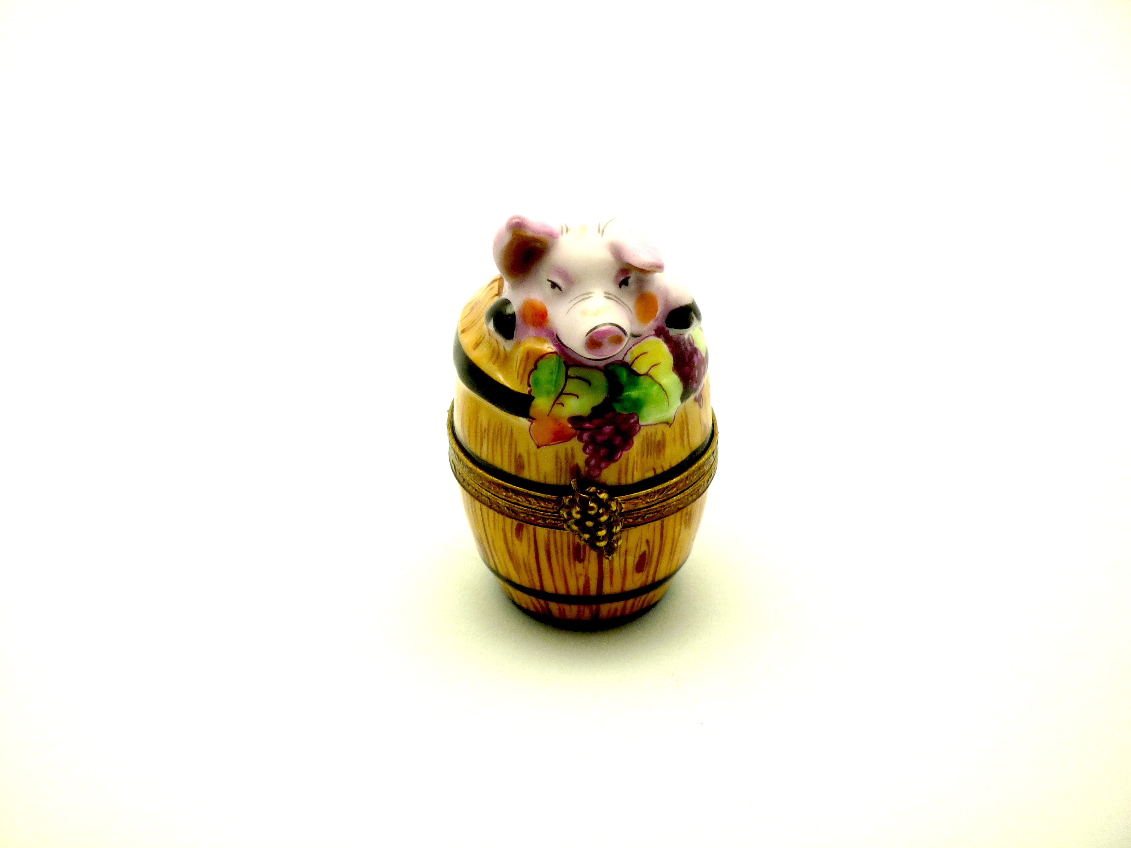 Pig in grape harvest barrel