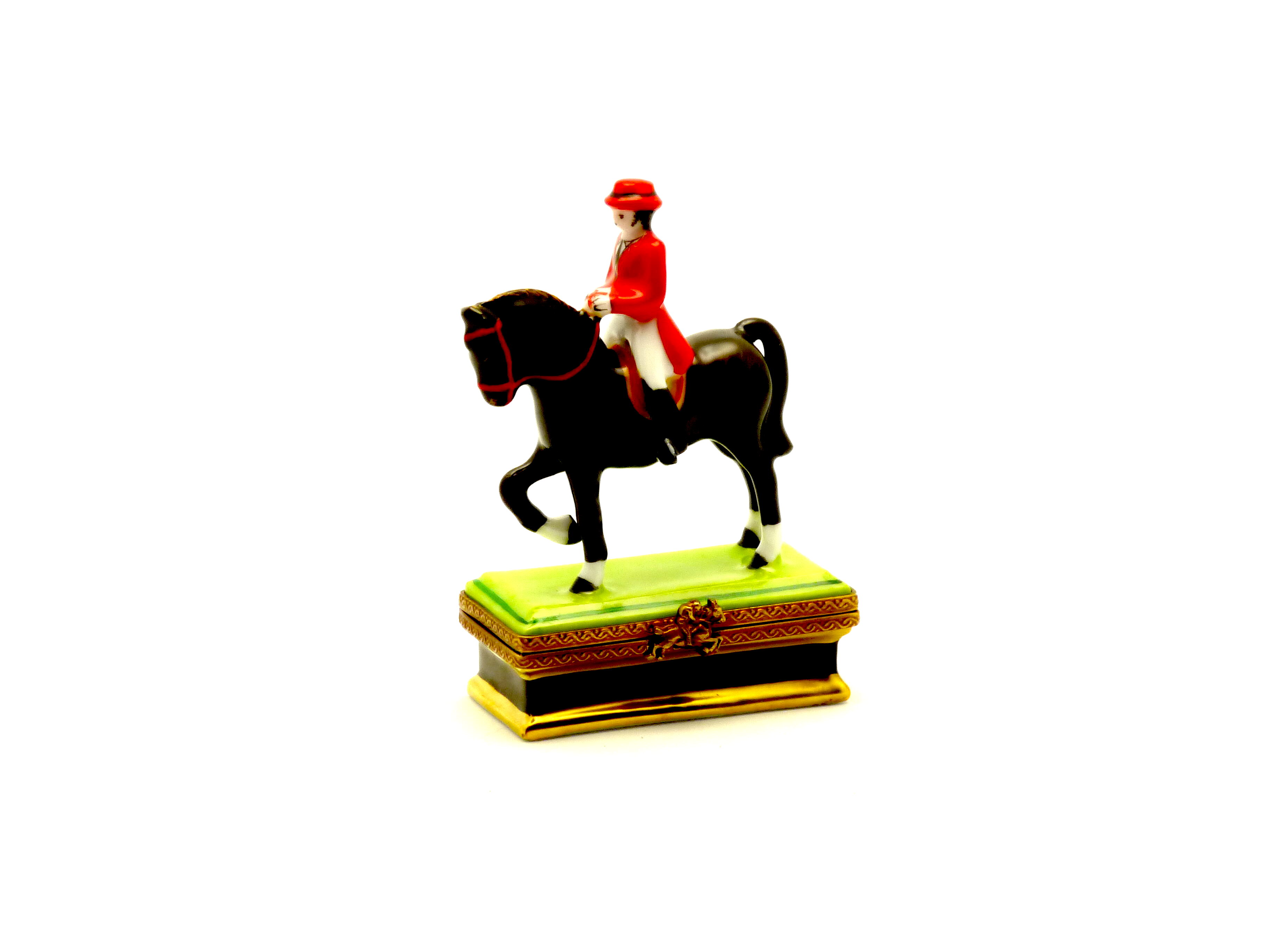 Cavalier with red jacket on black horse