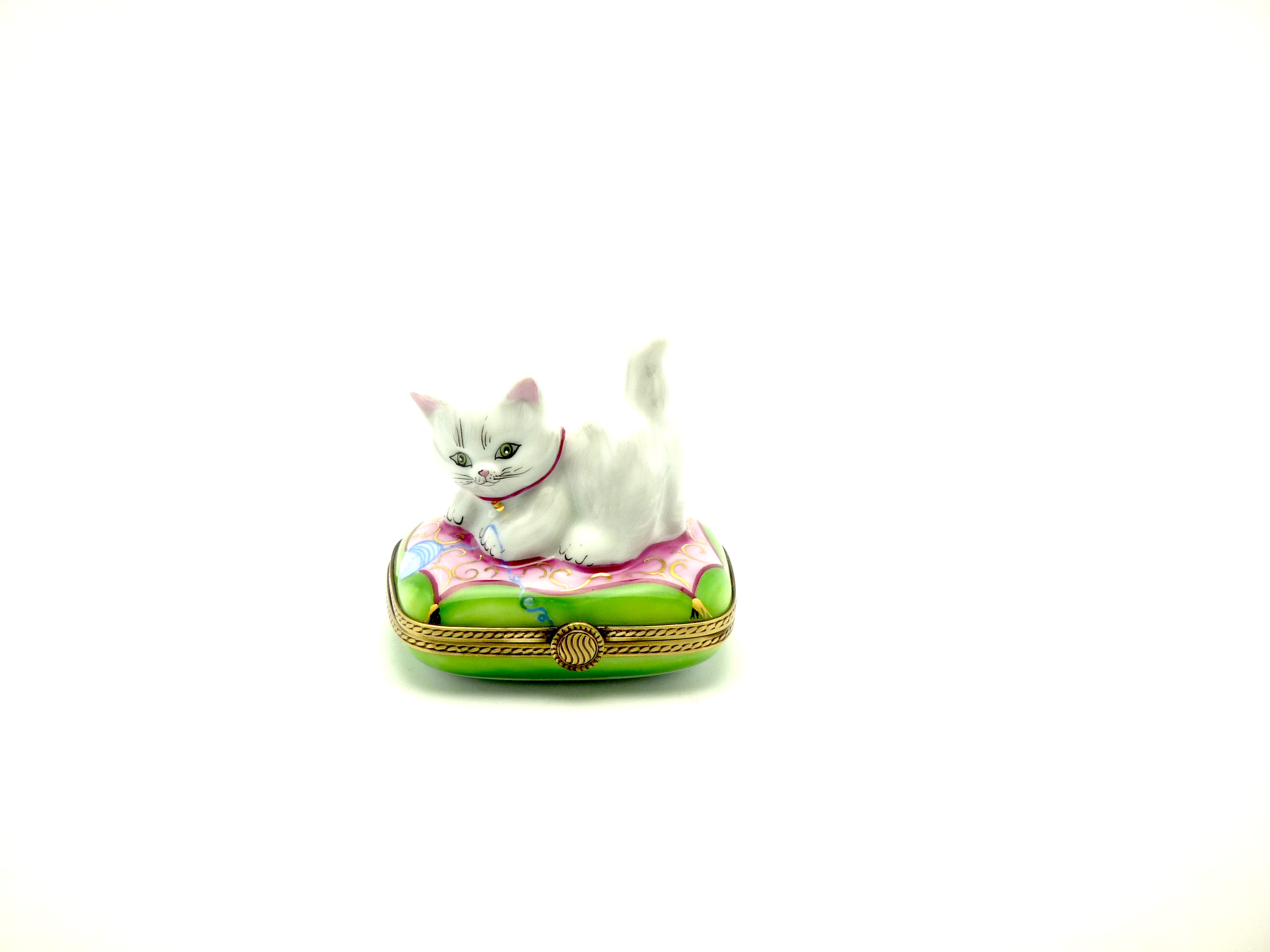 White cat on green/pink pillow