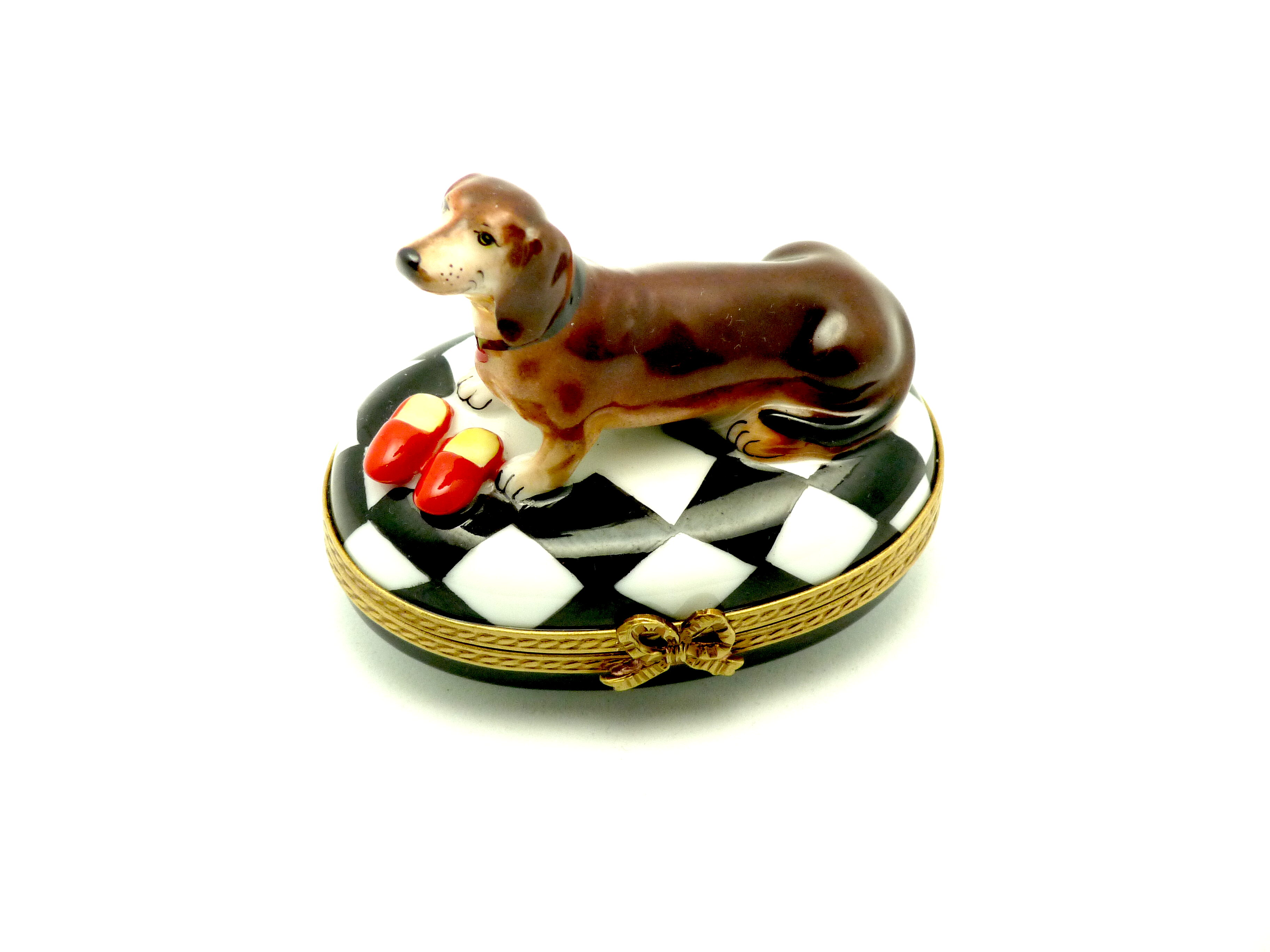 Basset dog on black & white checker base