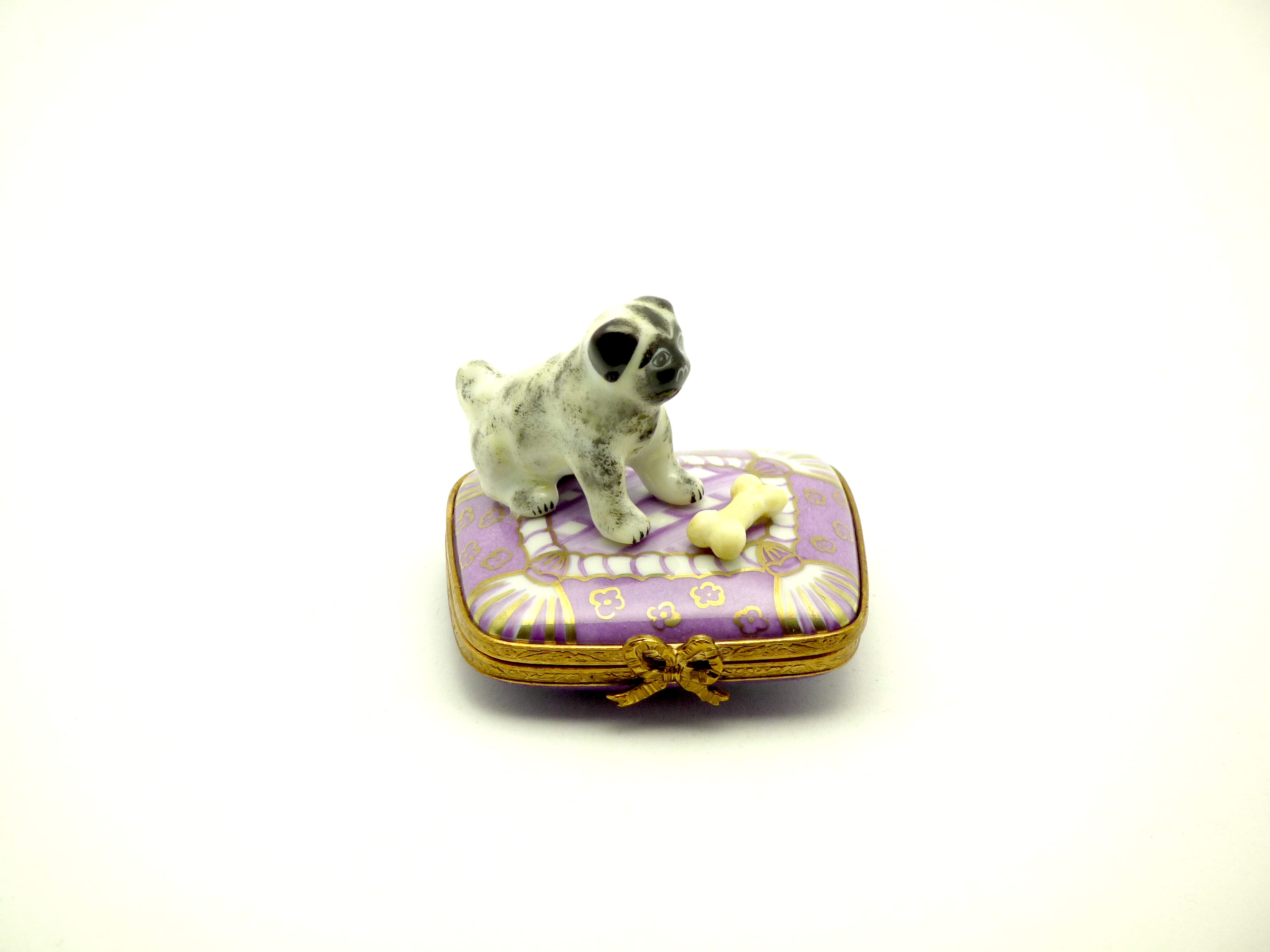 Pug with bone  purple pillow