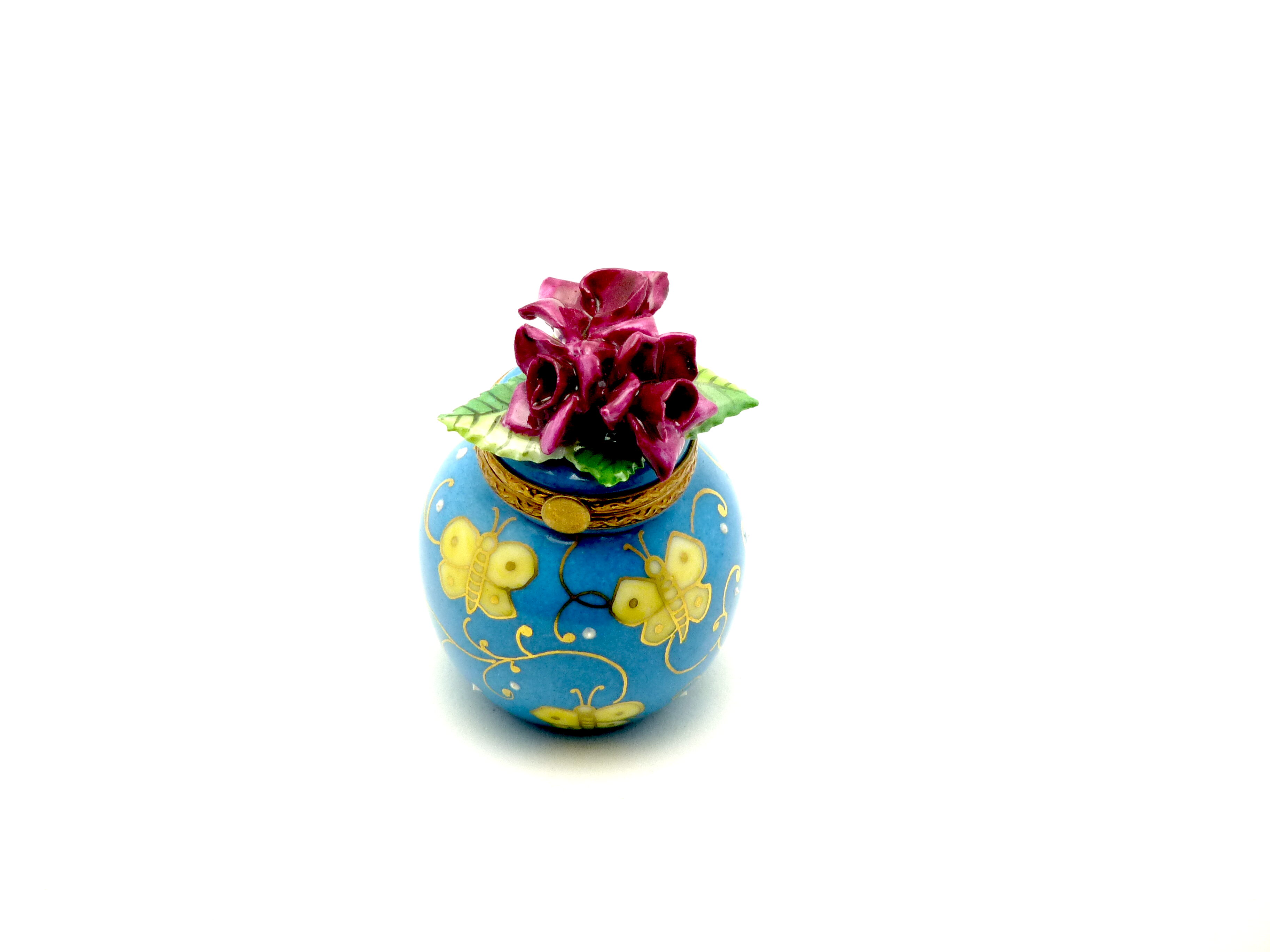 Blue pot with yellow butterflies & flowers