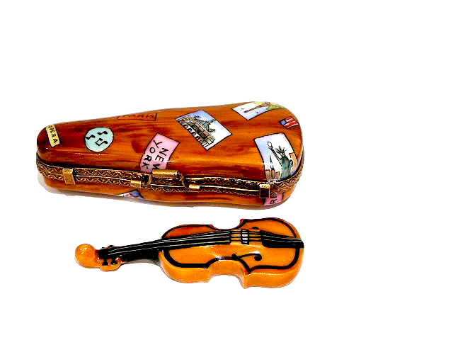 Violin case with violin - brown with ..New York, Paris, San Francisco stickers