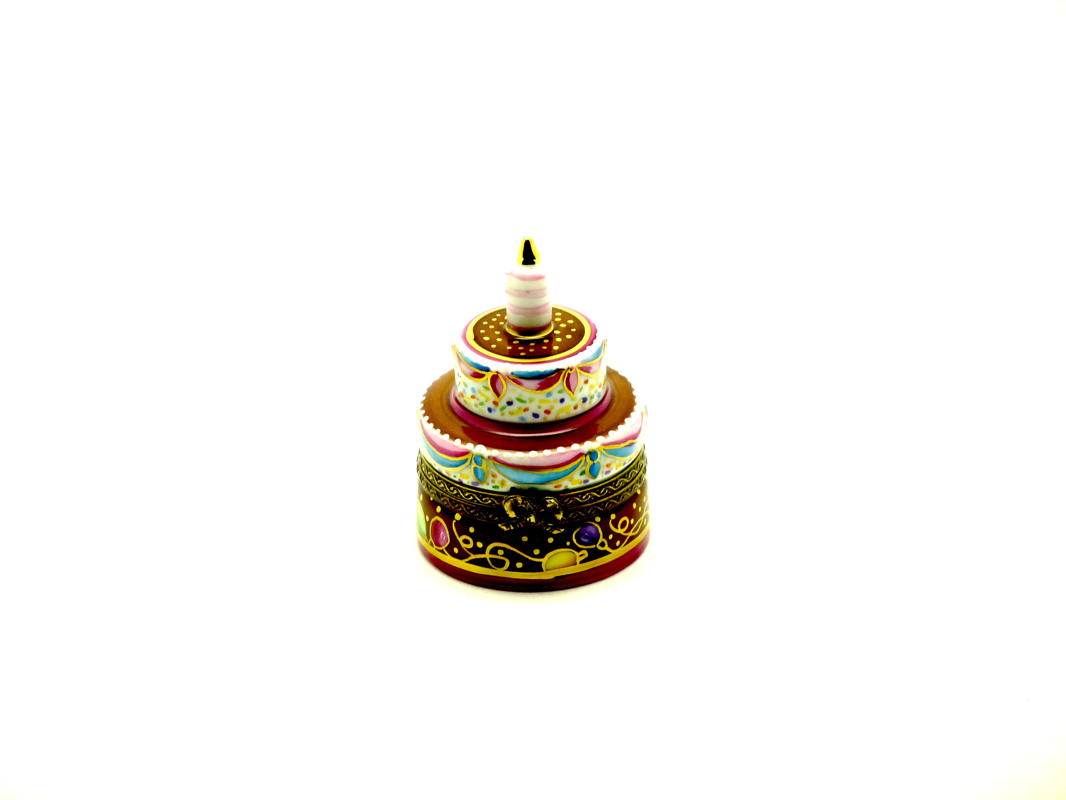 Three tier happy birthday cake with candle