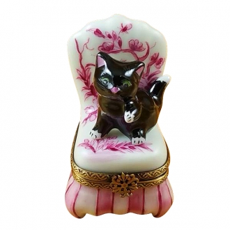 Black cat on toile chair