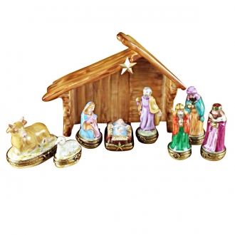 EIGHT PIECE MINI HINGED NATIVITY W/ PORCELAIN STABLE