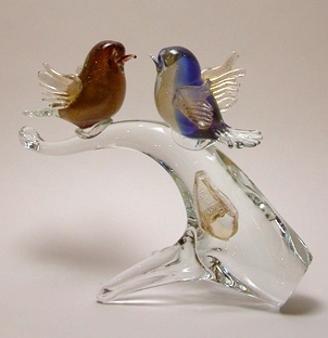 Two Birds sitting on the Branch Red/Blue/Gold Murano Glass