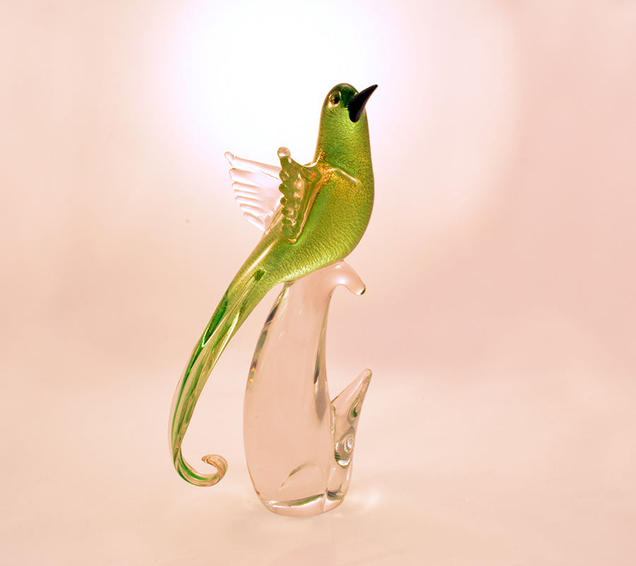 Murano Bird Green Golden Head Forward