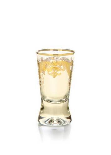 Set of Six Amber Colored Liqueur Glasses with Rich 24k Gold Artwork