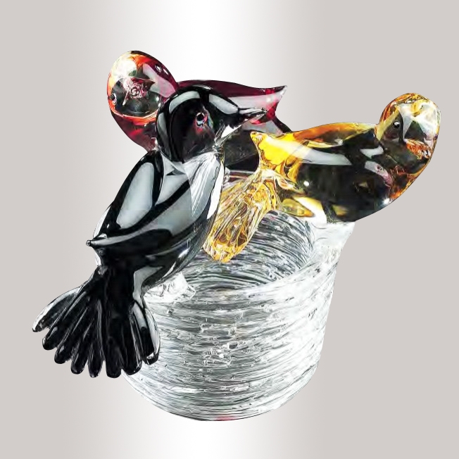 3 Murano Glass Birds On The Nest