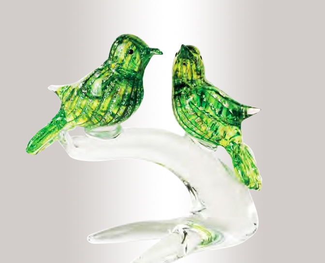 Murano Glass Crystal/Green/Gold Birds On A Branch