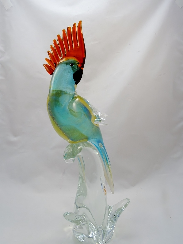 Murano Glass Parrot Aqua/Gold with Amber Crest