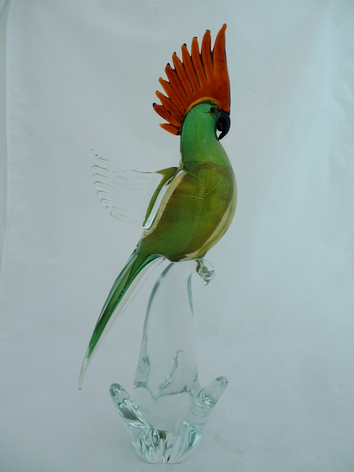 Murano Glass Parrot Green/Gold With Amber Crest