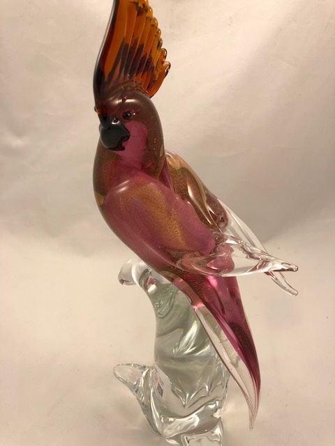 Ruby/Gold Murano Glass Parrot Close Wings with Amber Crest