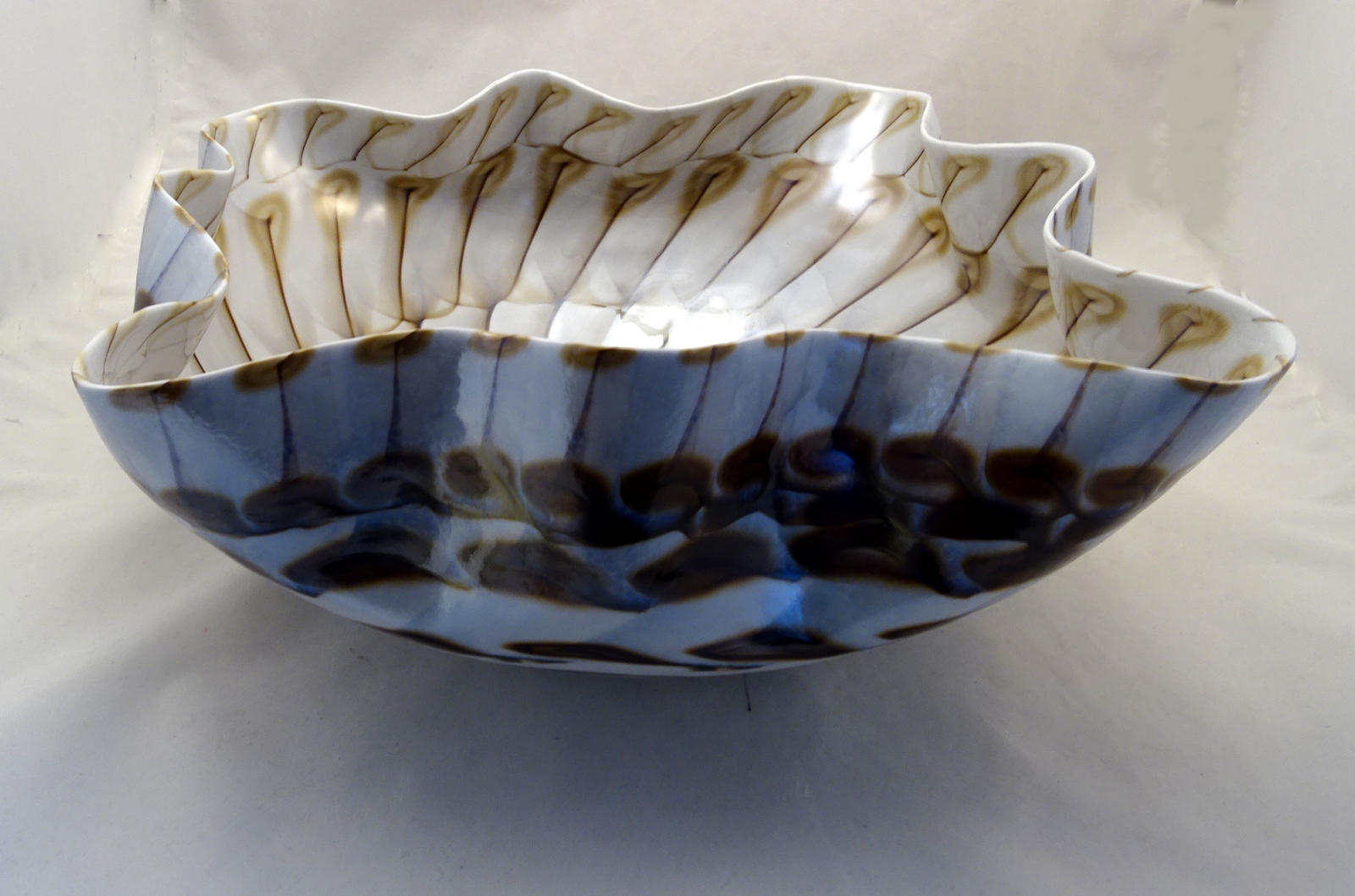 Large Ivory and Light Brown Murano Glass Centerpiece Bowl