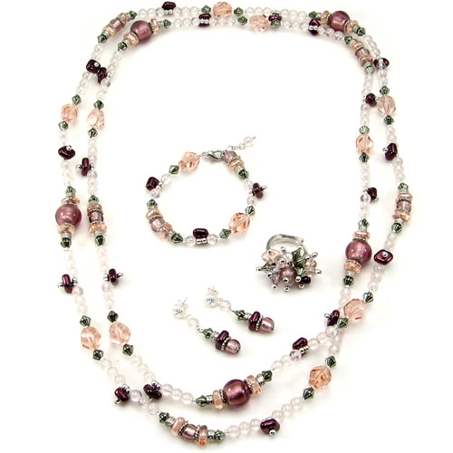 Vintage Bead Necklace Pink/Purple/Silver