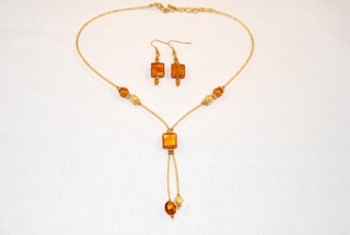 Amber murano glass dangle square necklace and earrings