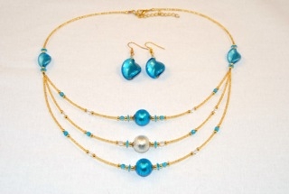 Aqua blue 3 tier murano glass necklace and earrings set