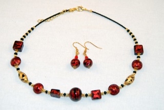 Cubes, oblongs and globes red murano glass necklace and earrings set