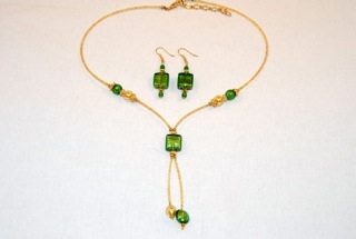 Emerald murano glass square dangle necklace and earrings