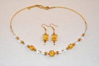 Gold murano glass cubes and globes necklace and earrings